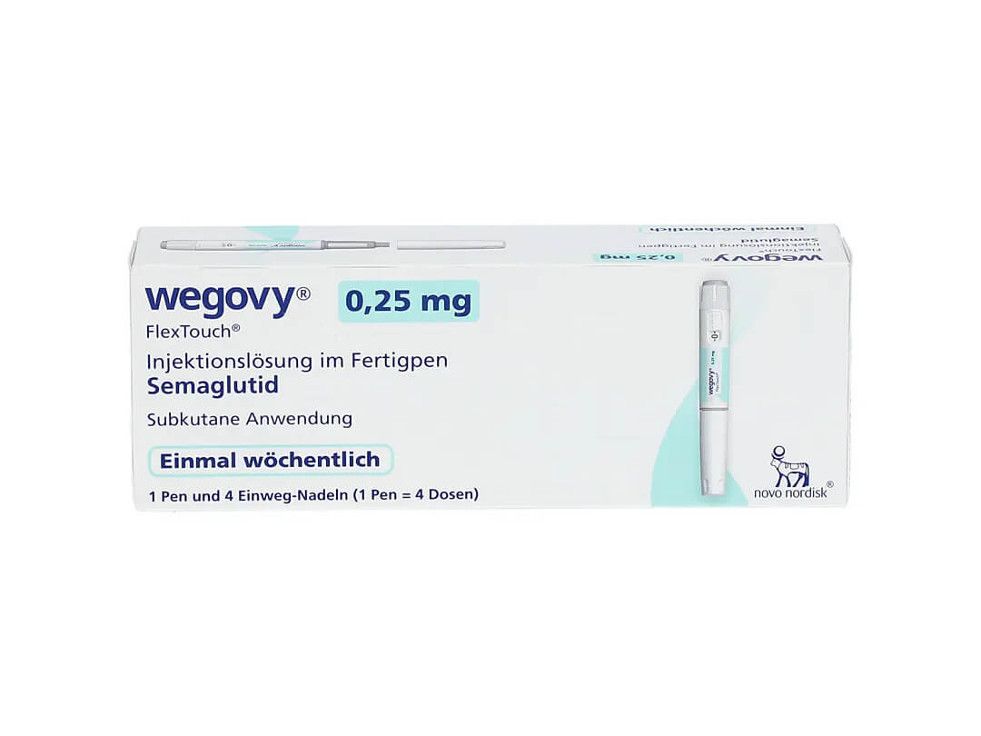 Vorderansicht der Verpackung von Wegovy® Spritzen, bestehend aus 3 Pens von Novo Nordisk A/S